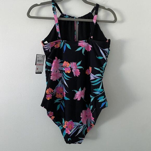 Island Escape One-Piece Black Floral Adjustable Swimsuit Size 10 New - Picture 9 of 11